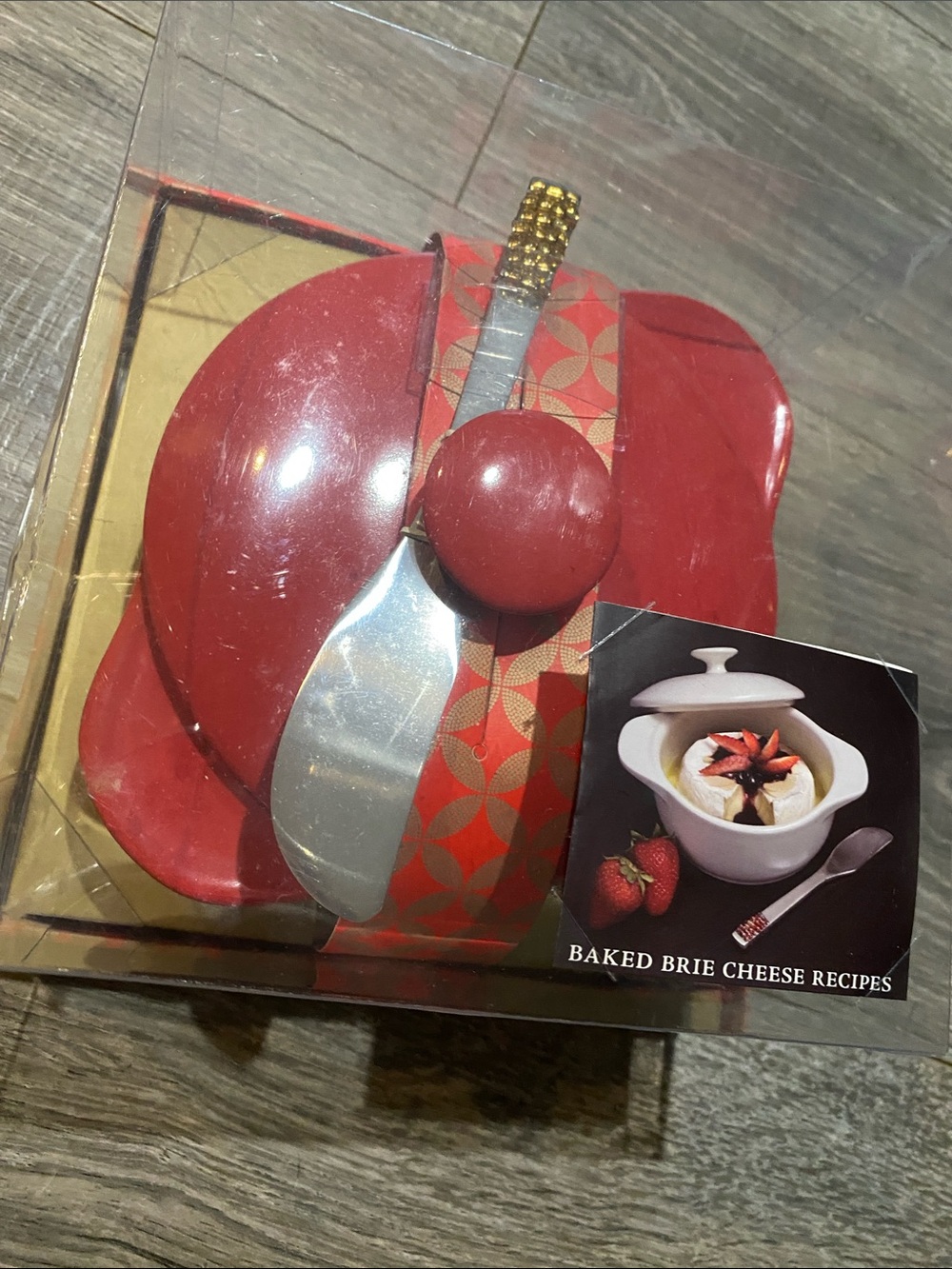 Red Baked Brie Cheese Serving Set with Spreader - Ceramic Dish and Knife